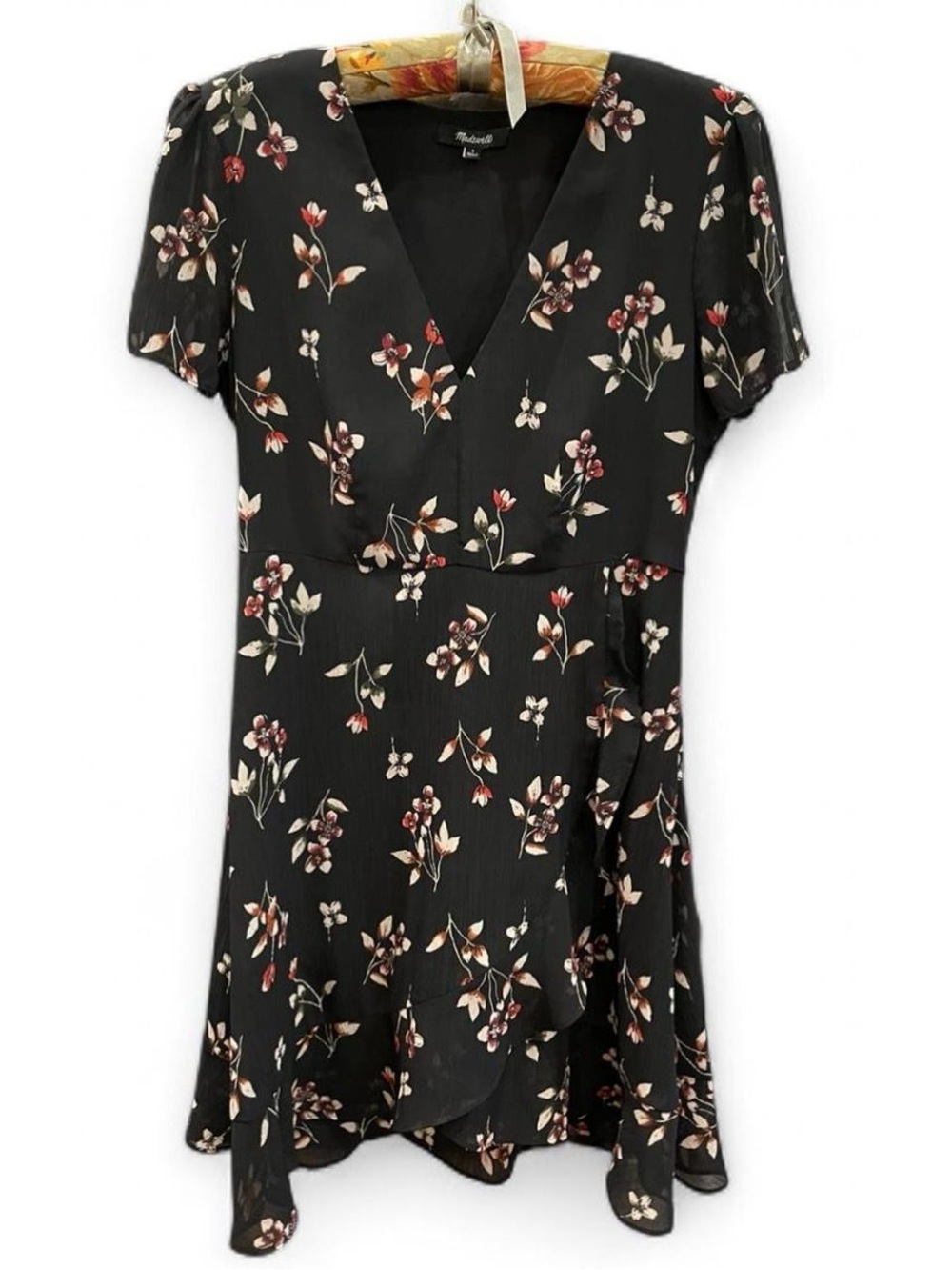 Madewell Black Floral V-Neck Wrap Mini Dress